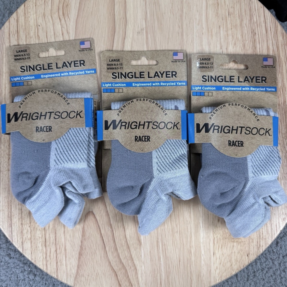 Wrightsock Racer Large M 8.5-12 W 9.5-11 Heather Grey Single Layer 3 Pack